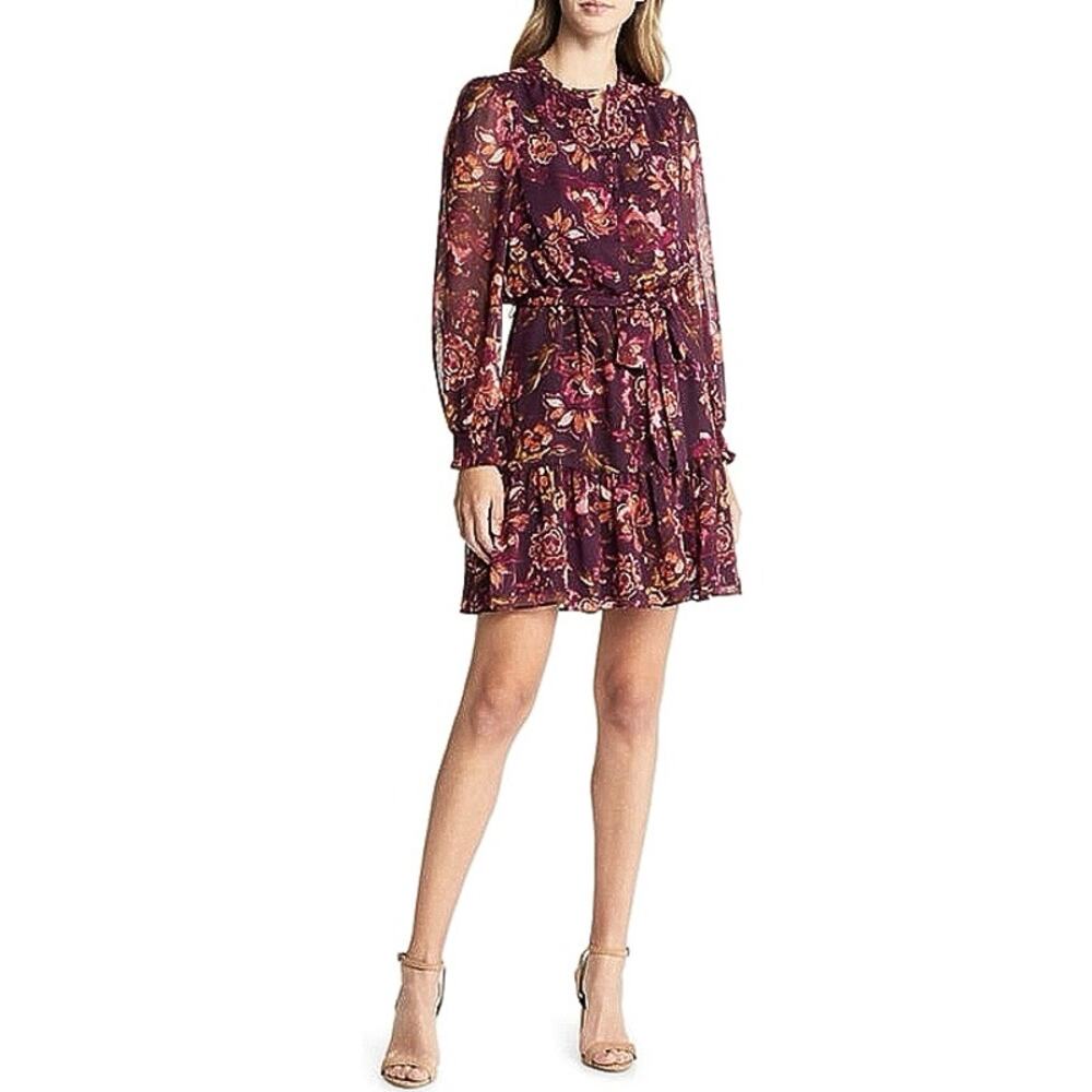 Vince Camuto Purple Floral Long Sleeve Chiffon Tie Belt Mini Fit & Flare Dress 8